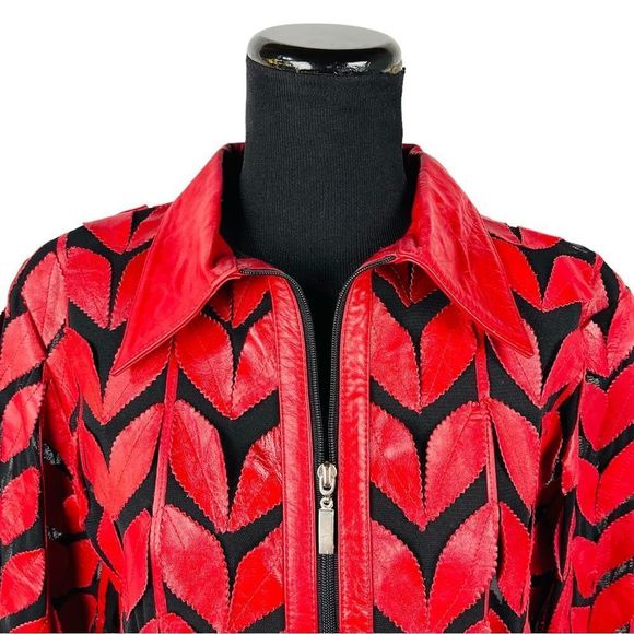 Natto Red Leather Leaf Jacket Blazer Sheer Mesh Classy Zip Front Soft Si… - Picture 2 of 10